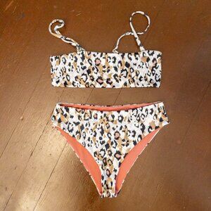Leopard Print High Waist Bikini Set – Size S/M Bandeau Top Adjustable Straps